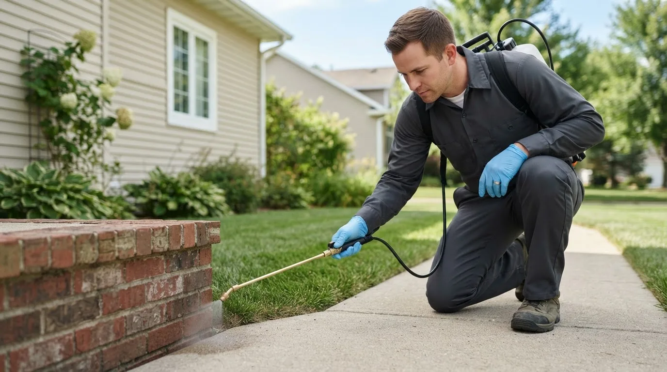 Pest control technician treating a home near Hickory Corners, MI