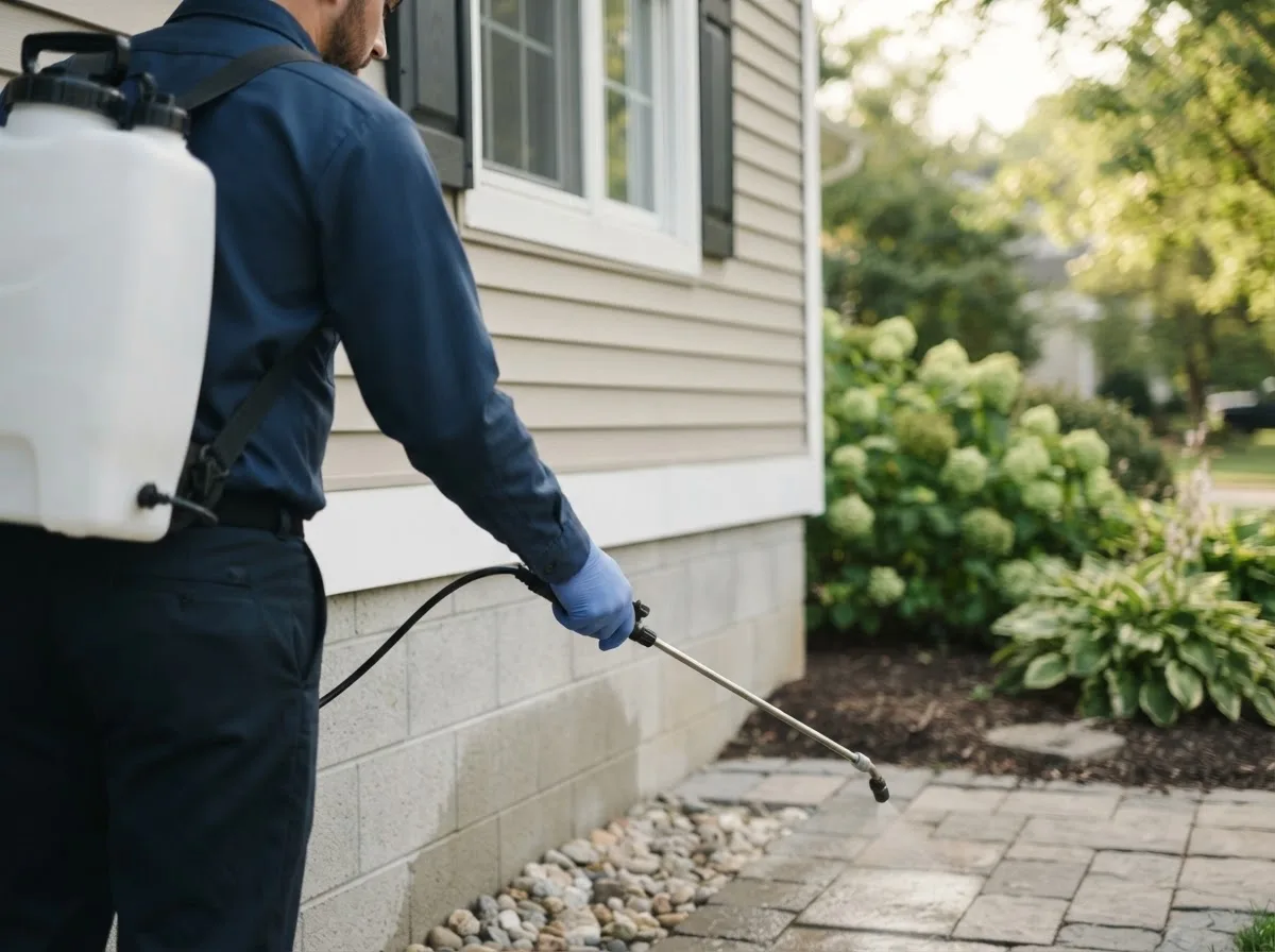 Pest control technician inspecting a home in Hickory Corners, MI